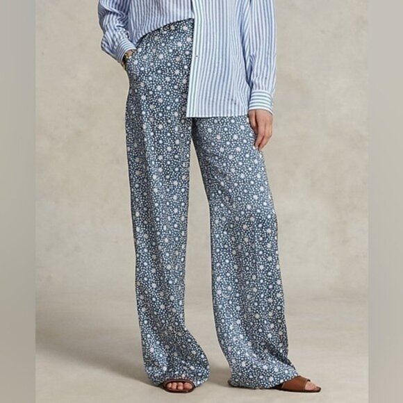 Polo Ralph Lauren High-Rise Satin Wide-Leg‎ Graphic Print Pants Size 8 New - Picture 3 of 10